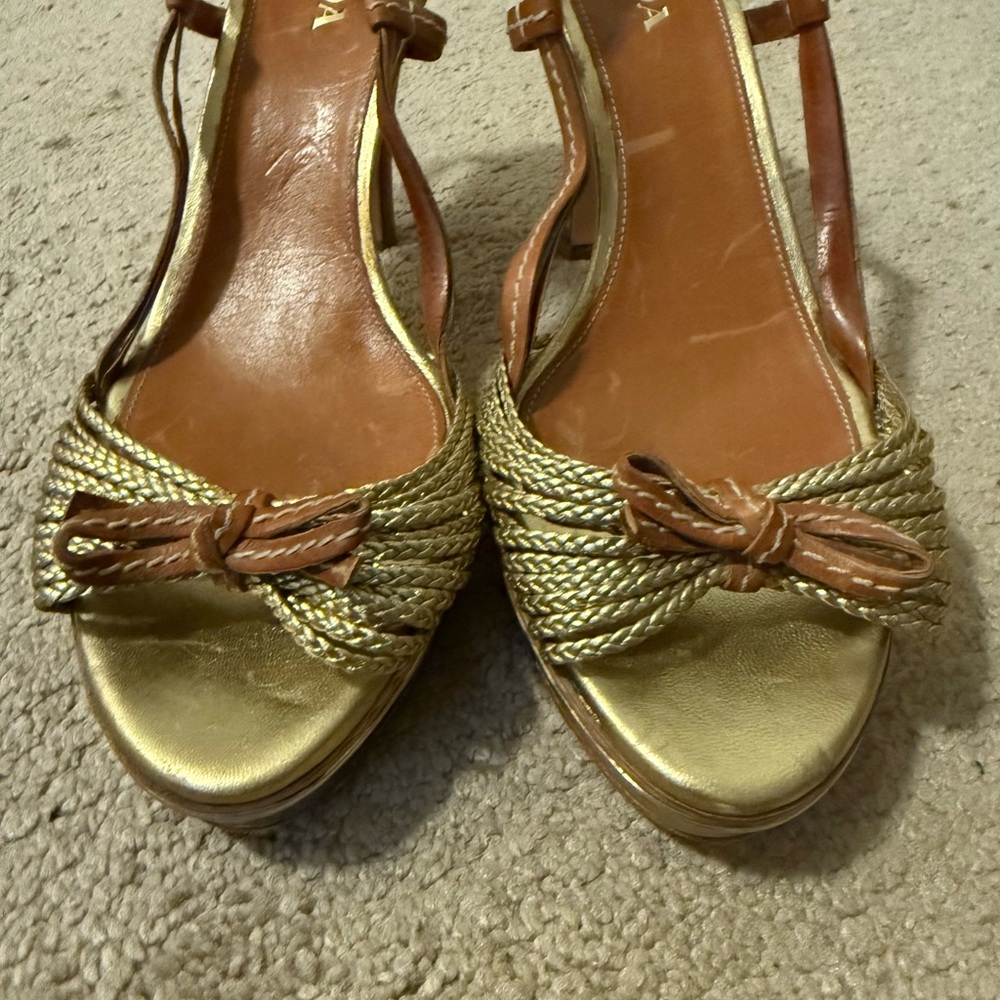 Prada Elegant Gold and Tan Women's Sandals
